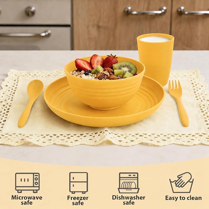 20 Piece Wheat Straw Dinnerware Sets for 4, Unbreakable Dish Set,Reuseable Kids Plates and Bowls Sets for 4, Lightweight Kitchen Dishware Set for Camping, Picnic, and Famliy Meal - Yellow