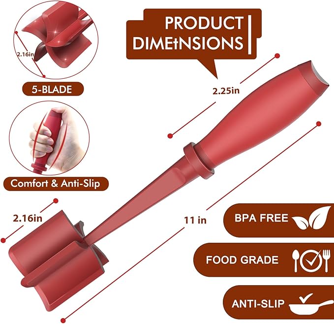 Upgrade Meat Chopper, Heat Resistant Meat Masher for Hamburger Meat, Ground Beef Smasher, Nylon Hamburger Chopper Utensil, Ground Non Stick Mix Chopper, Mix and Chop, Potato Masher Tool（Red） | Premium Heat Resistant Meat Masher, Nylon Potato Mashers Be...