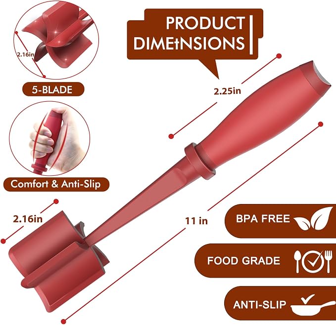 2Pack Meat Chopper Hamburger Masher Ground Beef Smasher Utensil Mix Tool | Upgrade Heat Resistant Meat Masher, Nylon Potato Mashers Beef Smasher, Dishwasher Safe Non Stick Mix & Chop Tool Gift-Red