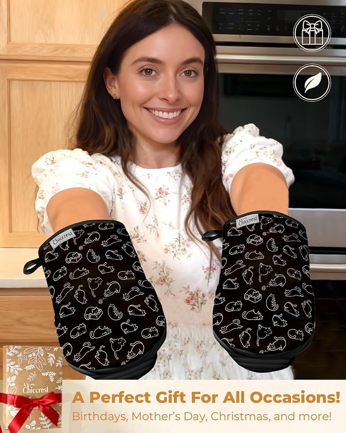100% Thick Cotton Oven Mitts Ribbed Soft Silicone Cute Cats | Aesthetic Oven Mitts for Women, Machine Washable Non-Slip Kitchen Mitts, Reversible for Both Hands, Stylish Kitchen Decor