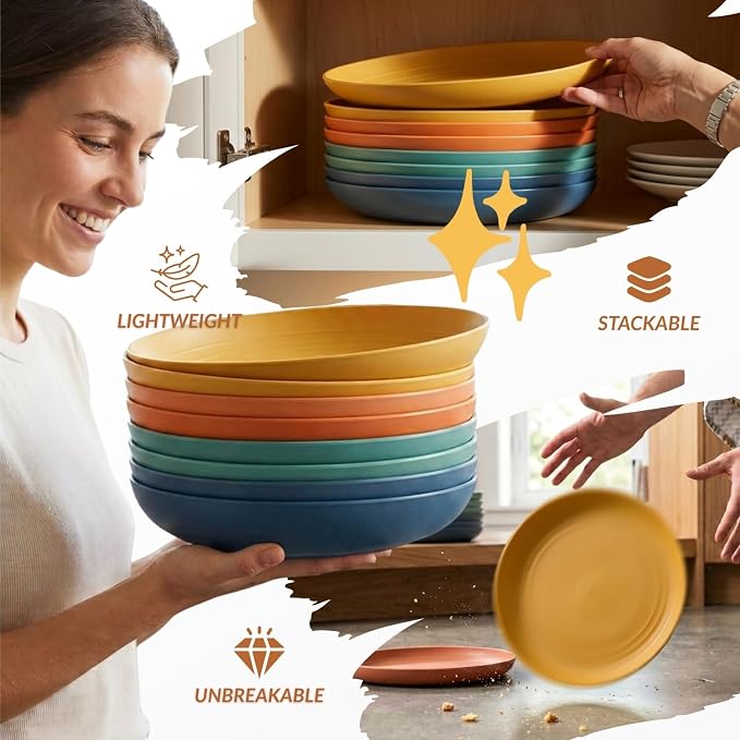 Deep Dinner Plates Set of 8 Alternative for Plastic Plates Microwave and Dishwasher Safe Wheat Straw Plates for Kitchen Unbreakable Salad Plate with 4 Colors (Colorful, 11 inch)