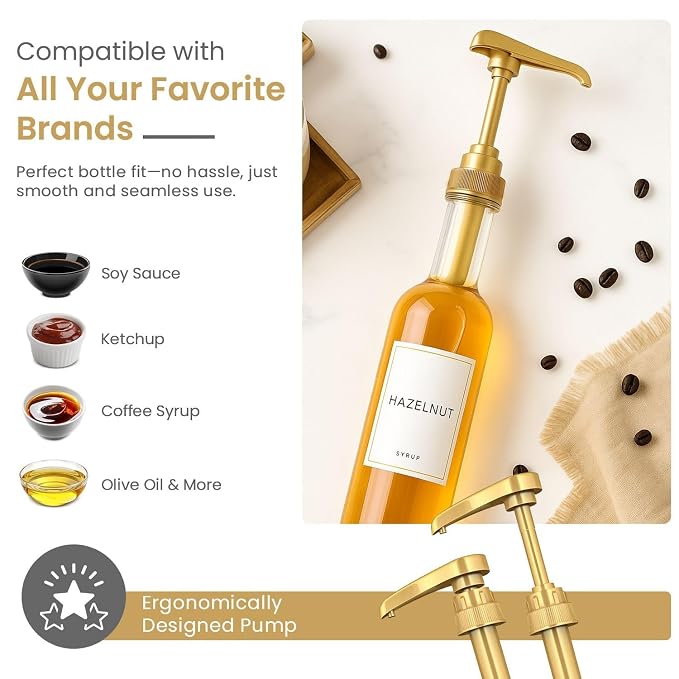 12 Pack Gold Syrup Pump Dispenser for 750ml Plastic Bottles Torani | Consistent Liquid Measurement Accurate Beverage Measurement