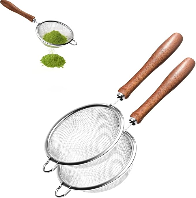 Matcha Sifter Set of 2, Fine Mesh Tea Strainers with Light Wood Handles