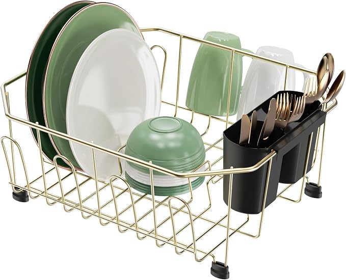 Small in Sink Dish Drying Rack - Stainless Steel for RV Kitchen | Compact Design for Apartments, Angled Corners Fit Square & Round Sinks, Utensil Holder, Cup Hooks, 1-2 Person, 11.6" x 13.4"