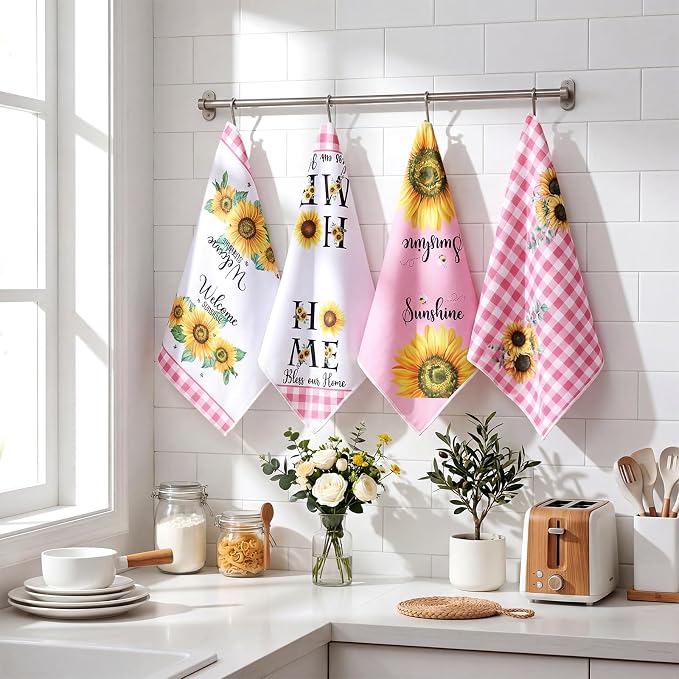 4 Pcs Sunflower Kitchen Towels Pink White Hand Dish Towels Gifts | Absorbent Sunshine Grid Fast Drying Decor Housewarming Gift for Cooking Bathroom Kitchen Decor