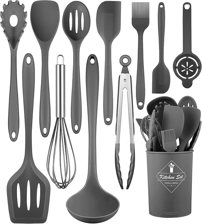 Gray Kitchen Utensils Set-12 Pieces Silicone Cooking Utensils Set | Dishwasher Safe 392°F Heat Resistant Spatula Set Kitchen Utensil Set for Nonstick Cookware,Best Kitchen Tools with Holder