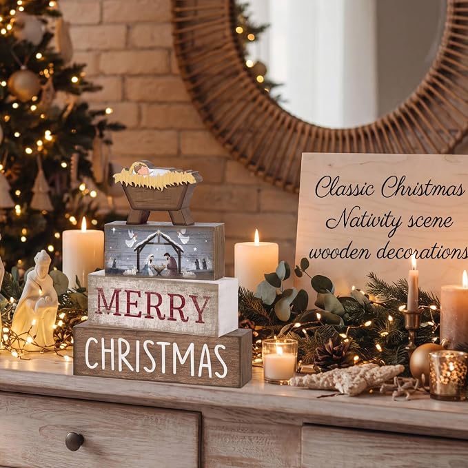 Lineshading 4 Pcs Nativity Christmas Wooden Block Signs Farmhouse Decor | Stackable Manger Scene Blocks for Tiered Tray Mantel, Rustic Farmhouse Tabletop Decorations, Birth of Jesus Holiday Gift