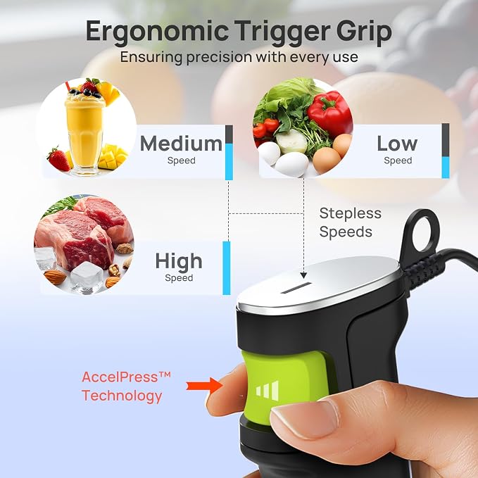 Consciot 4 in 1 Immersion Hand Blender Max 1100W, Corded Stick Emulsifier with Entire Stainless Steel Blender Shaft, Trigger Speed Control, For Blending, Beating, Frothing, Mixing & More, Non-BPA | Corded Stick Emulsifier with Entire Stainless Steel Bl...