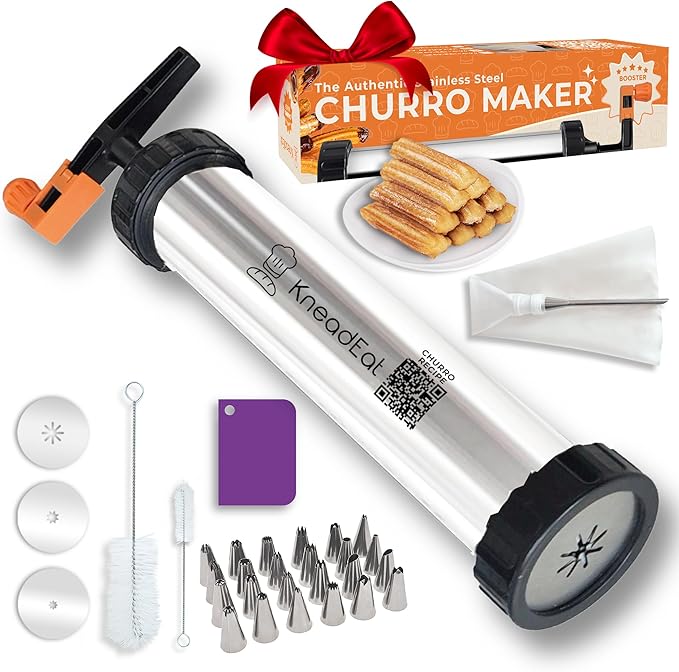 Churro Maker Kit Stainless Steel, Piping Bag, XL Filling Needle | Premium churrera with easy press handle and decorating tips for homemade filled churros, sweet fillings, and desserts
