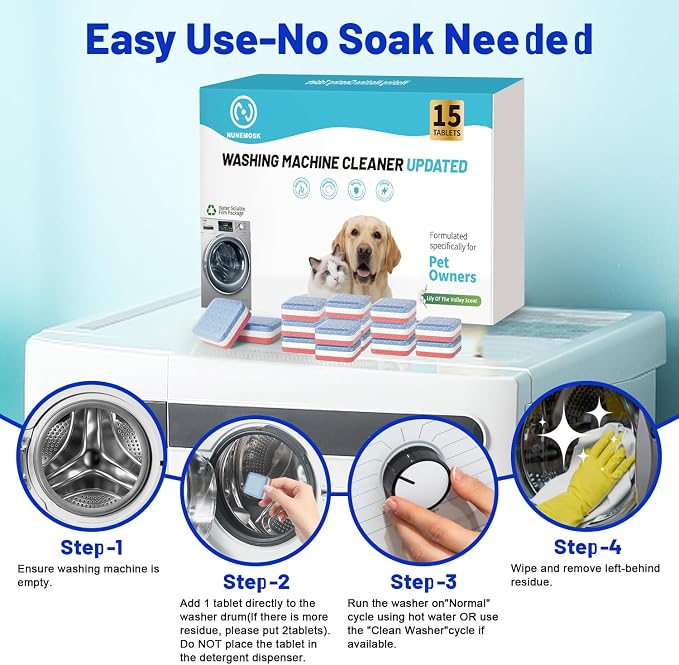 Washing Machine Cleaner,Formulated for Pet Owners,Colorful 15 Pack | 6 Month Supply,Compatible with HE, Top & Front Load Washer,Septic Safe,Fresh Scent,Removes Residue,Remove Stubborn Pet Hair