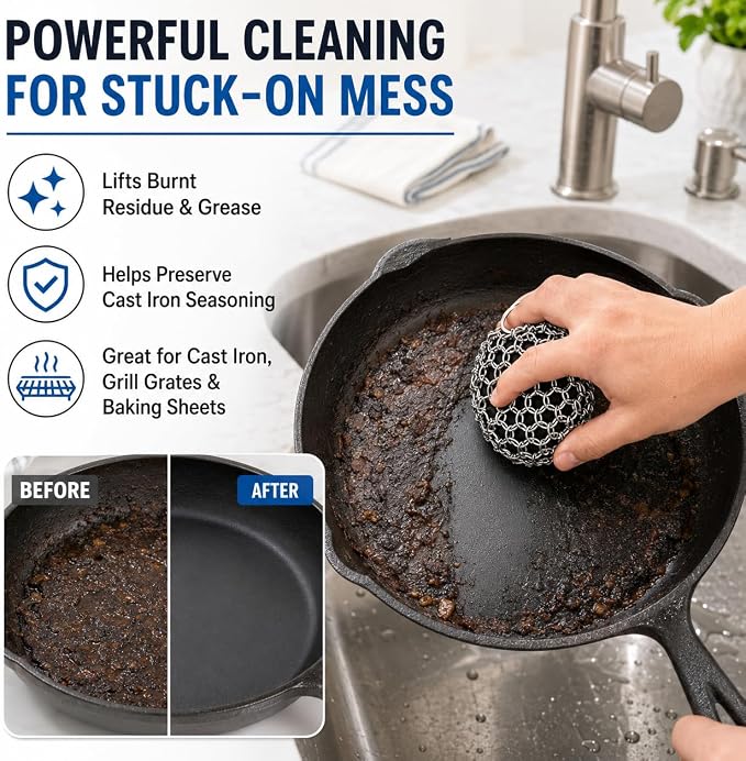 Cast Iron Scrubber Chainmail Set – 316 Stainless Steel Dish Scrub Brush for Cast Iron Skillet Pan Cleaner, Dutch Oven, Wok & Non-Stick Cookware | Dishwasher Safe – Black Double Ring