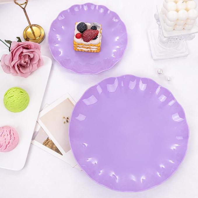LIYH 24pcs Purple Plastic Plates Reusable, Unbreakable Dinner Plates, Scalloped Plate, Microwave & Dishwasher Safe Unbreakable Party Plate for Birthday Party (12Guests)