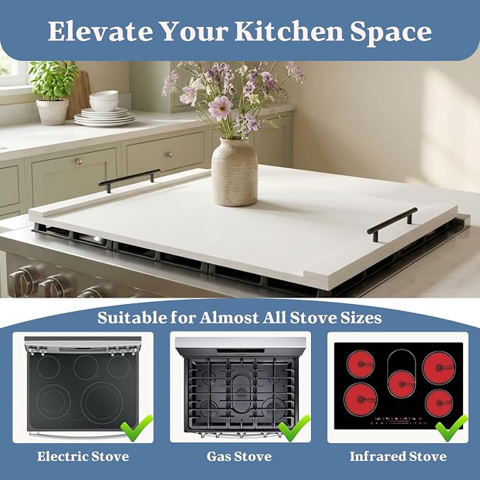 White Stove Top Cover for Gas & Electric Range | 30"x22" Farmhouse Noodle Board with Handles | RV Kitchen Workspace Saver