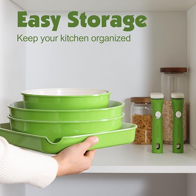 SENSARTE 17 Piece Ceramic Detachable Handle Pots and Pans Set Green | Ceramic Cookware Set, Induction Cookware Set with Removable Handle, Healthy Non Stick for RV, Dishwasher ＆ Oven Safe