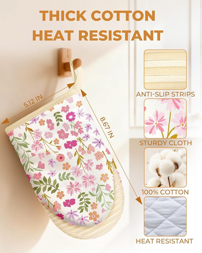 100% Thick Cotton Mini Oven Mitts Silicone Grip Spring Floral | Girly Cute Oven Mitts for Women, Machine Washable, Non-Slip, Reversible Design Fits Both Hands, Stylish Kitchen Decor