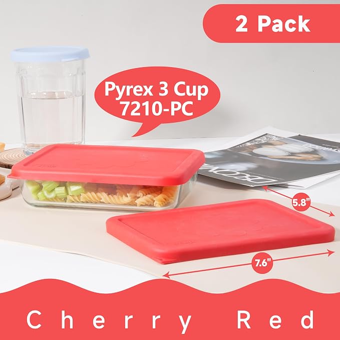 3 Cup Rectangle Silicone Storage Cover Lids Replacement for Pyrex 7210-PC Glass Bowls, (Container not Included) 2 Pack, Microwave, Dishwasher and Freezer Safe (Cherry Red)