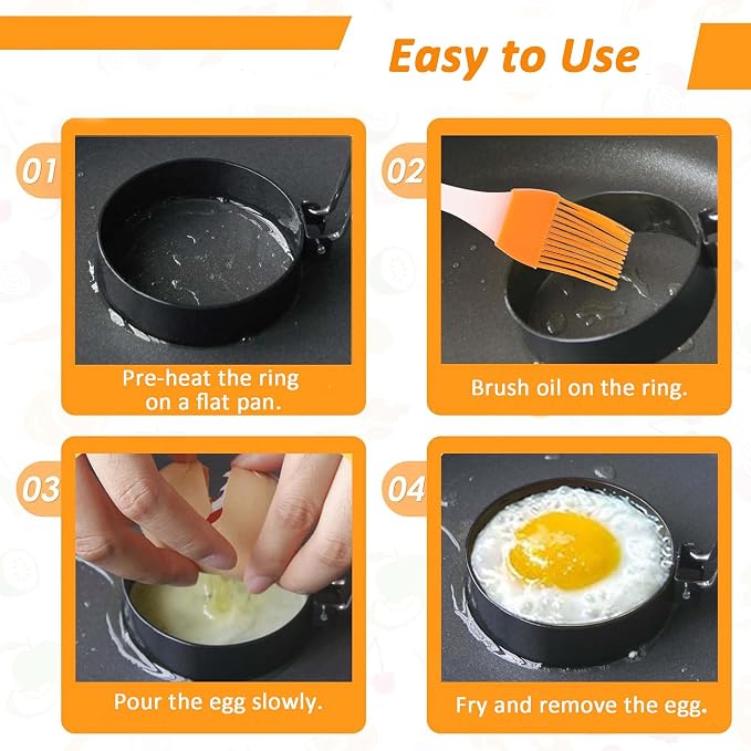2 Pcs 6'' & 2 Pcs 3.5" Nonstick Stainless Steel Egg Rings with 1 Oil Brush & 1 Egg Separator, Round Crumpet Ring Mold for Muffins, Pancakes, Sandwiches Cooking