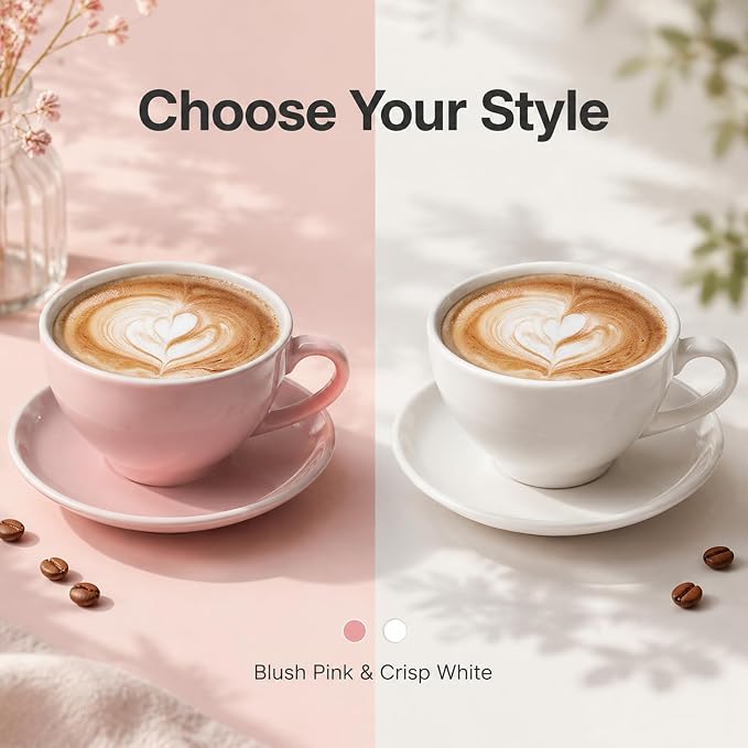 DeeCoo 11 oz Pink White Cappuccino Mug- Large Ceramic Coffee Cup with Saucer - Microwave and Dishwasher Safe, Perfect For Tea, Espresso, Latte - Porcelain Set for Kitchen or Cafe, Baristas, Great Gift