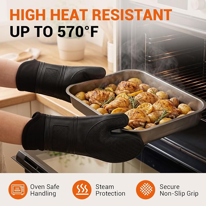 Silicone Oven Mitts, 14.2" Extra Long, Heat Resistant, Black | Heat resistant up to 570°F, wrist and forearm coverage, non-slip grip, waterproof exterior, 2-pack