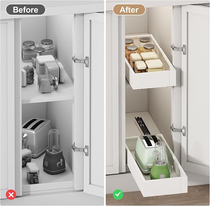 Fokyfok Pull out Cabinet Organizer,7"-11"W, 17"-24"D,Expandable,Adhesive | No Drill,Roll out Drawers,Adjustable Slide out Shelves for Kitchen,Pantry,Framed and Framless Cabinets,White,1PC