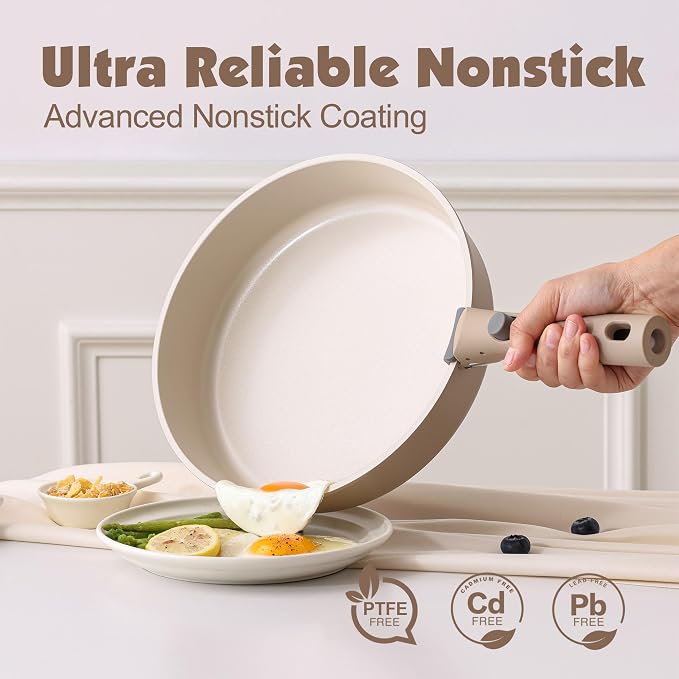 SENSARTE 17 Piece Ceramic Detachable Handle Pots and Pans Set Almond Beige | Ceramic Cookware Set, Induction Cookware Set with Removable Handle, Healthy Non Stick for RV, Dishwasher ＆ Oven Safe