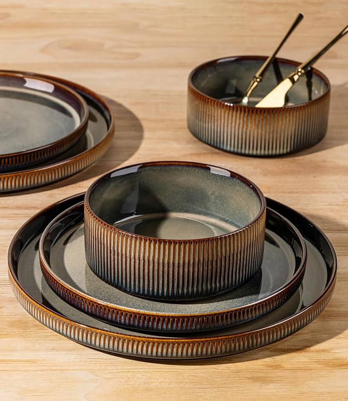 Ceramic Dinnerware Set for 4, 12-Piece Plates and Bowls Set | Lightweight Porcelain Dish Set, Scratch Resistant, Oven & Microwave & Dishwasher Safe, Brown