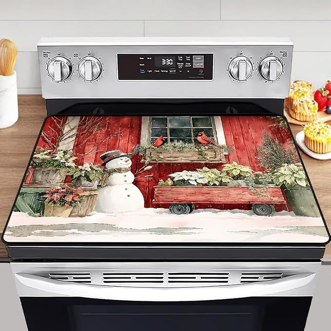 Snowman Glass Stove Top Cover Protector,Christmas Courtyard Electric Stove Top Cover Glass Top Stove Cover Protector,Heat‑Resistant Stove Top Cover,Hummingbird Kitchen Decor Accessories
