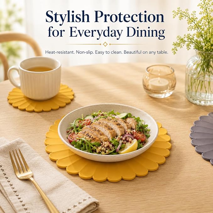 Heat-Resistant Silicone Trivet Mats, Non-Slip Hot Plate Holder for Kitchen Countertops & Dining Table, Reusable Pot Holder Pad with Secure Grip, Dishwasher Safe (Yellow, Diameter: 30cm/11.81")