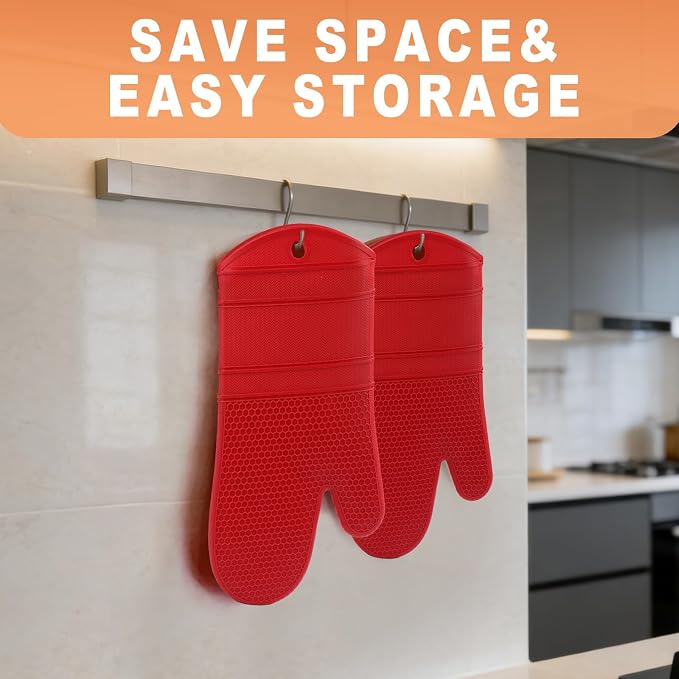 YUTAT Silicone Oven Mitts,Heat Resistant 2PCS Oven Mitts with Soft Polyester Filling,Kitchen Potholder Set - Perfect for BBQ, Baking and Cooking,RED,2 Pcs Set