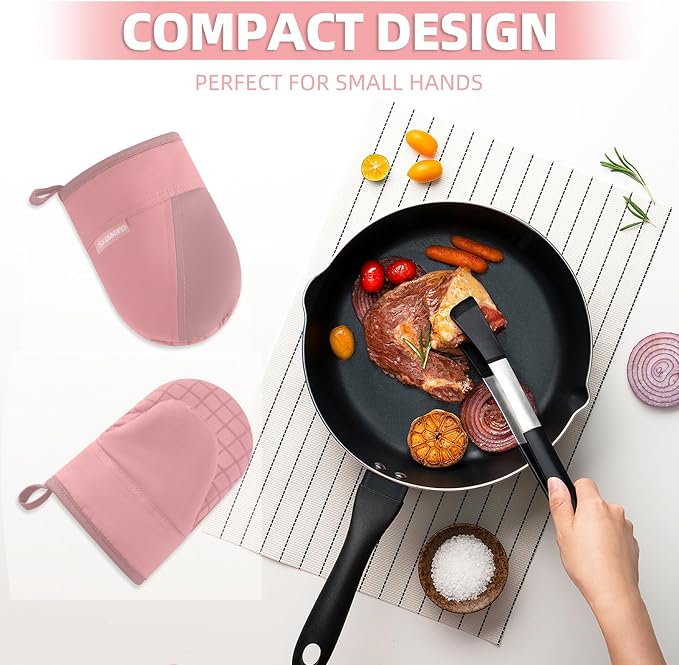 Mini Oven Mitts, Kitchen Oven Gloves Kitchen Mittens 500 Degrees Heat Resistant Baking Gloves, Non-Slip Silicone Surface with Hanging Loops Hot Gloves for Cooking, Baking, BBQ 1 Pair-Pink