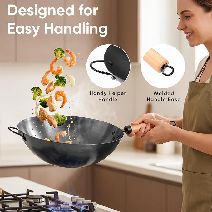 NEWBULIG 13.5" Carbon Steel Wok Pan, Pre-Seasoned Flat Bottom Wok for Stir Fry, BBQ, Grill & Camping, Compatible with Induction, Electric, Gas and Open Fire, Black