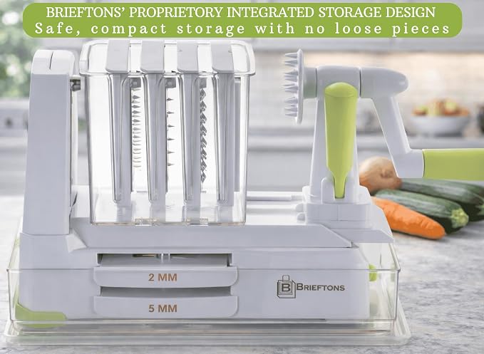 Brieftons 7-Blade Vegetable Spiralizer: Veggie Noodle Maker with Curly Fry & Crinkle Chip Blades, Catch Container, Keep-Fresh Lid, Blade Caddy, 4 eBooks | Low Carb, Vegan, Gluten-Free, Keto, Paleo