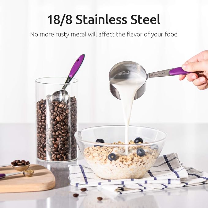 U-Taste 10 Piece Measuring Cups and Spoons Set in 18/8 Stainless Steel (Purple) | Upgraded Thickened Handle, Reinforced Welded Joints, Nested Stackable Design, Metal Measure Set for Kitchen Baking Cooking