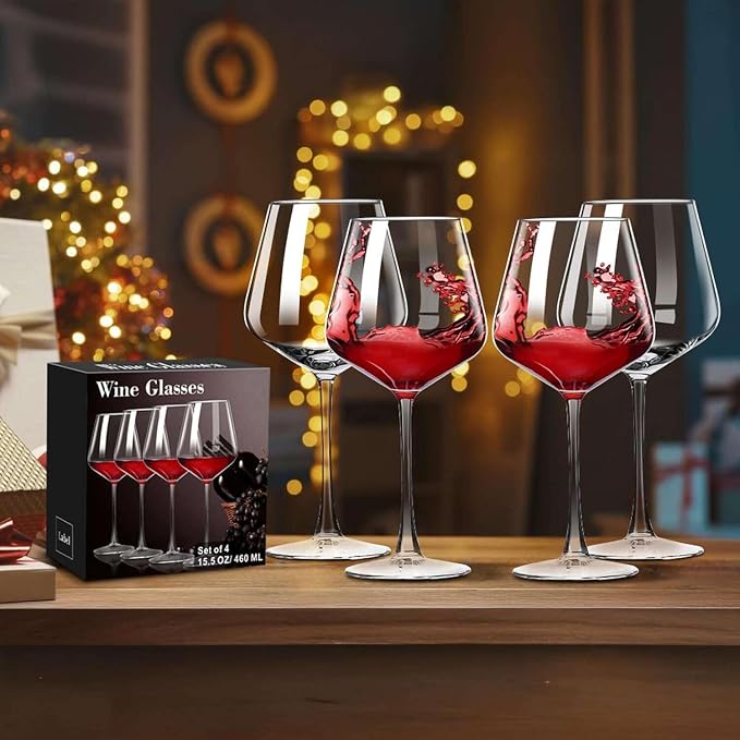 PARACITY Wine Glasses Set of 4, Hand-Blown Long Stem, Clear Glass, 16 fl oz | Wide bowl supports swirling for red and white varieties; clear design suits dinners, weddings, bars and outdoor events.