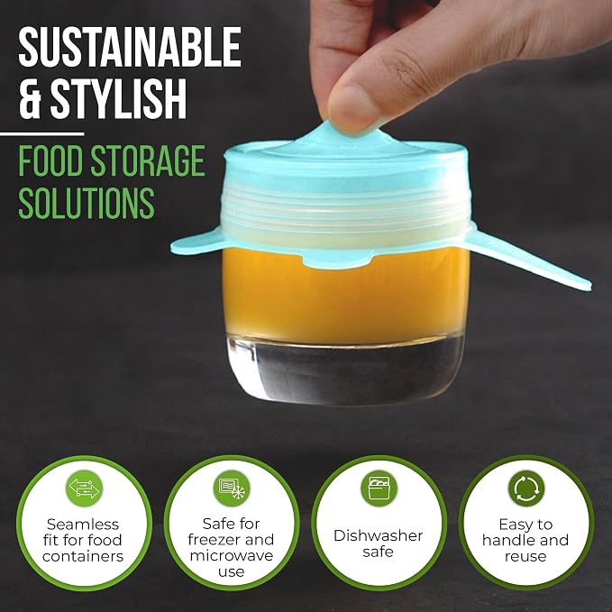 Reusable Silicone Stretch Lids for Food Storage in Fridge - Elastic Heat-Resistant Bowl Covers, Cups, Cans, Jars - Universal Food Grade Lid for Containers - 7 Pack - Light Green Stretchy Lid Set