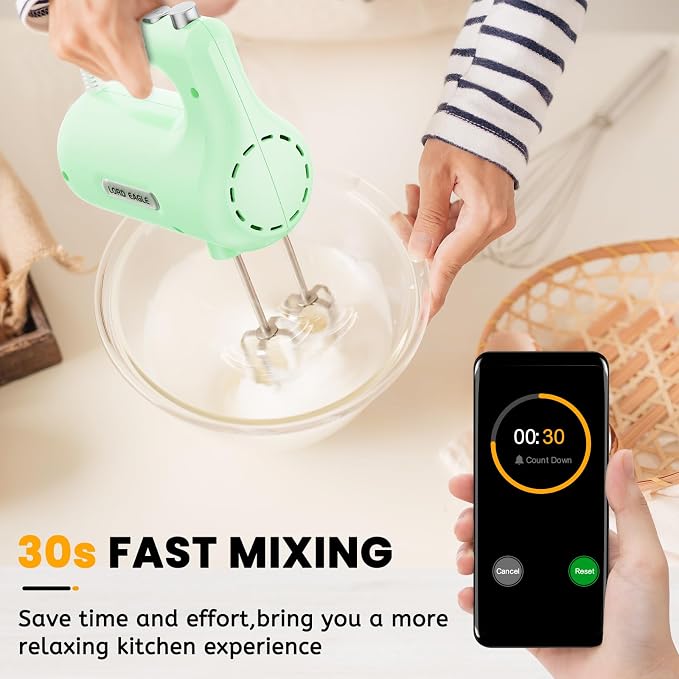 Lord Eagle 5-Speed Hand Mixer Electric With 4 Mixing Bowls Set | 300W Lightweight Kitchen Handheld Mixer with Measuring Cups & Spoons, Stainless Steel Bowls, Baking Supplies for Cake, Green