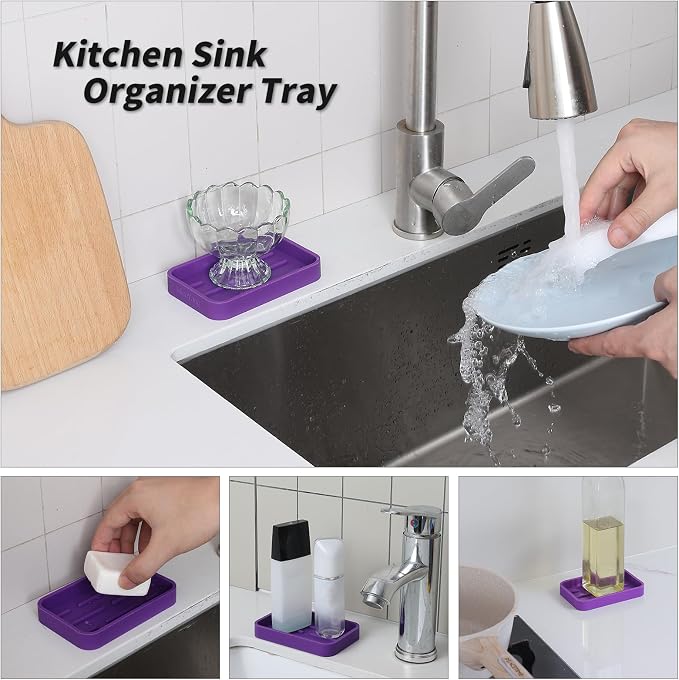 MicoYang Silicone Kitchen Sink Organizer Tray for Multiple Usage,Easy Clean Sponges Holder for Kitchen Bathroom Counter or Sink,Dish Soap Dispenser,Scrubber,Bottle,Cup Purple 4.9”x 3.2”