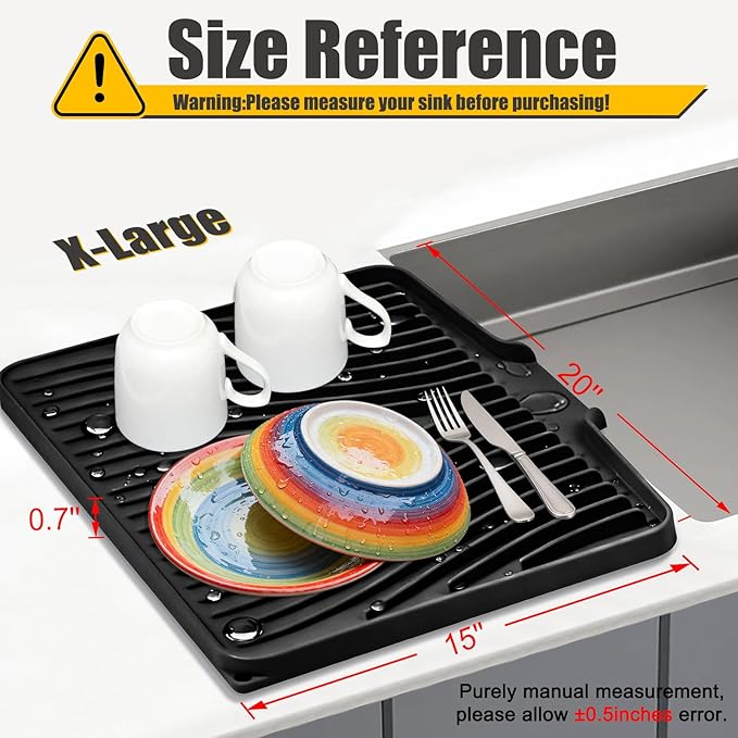 TIKNIK Silicone Dish Drying Mat for Kitchen Counter, Black-1pc, 20" x 15" | Heat Resistant & Non-Slip Dish Drain Pad with Built-In Drain, Dishwasher Safe, Quick-Dry, Hangable & Roll-Up for Storage