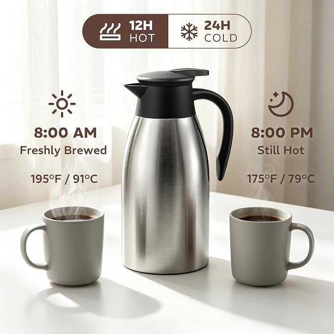 Thermal Coffee Carafe for Keeping Hot – 68OZ Insulated Camping Coffee Pot | 304 Stainless Steel Coffee Flask, Tea Pitcher for Hot Drinks Liquid Water, Insulated Beverage Dispenser for Parties