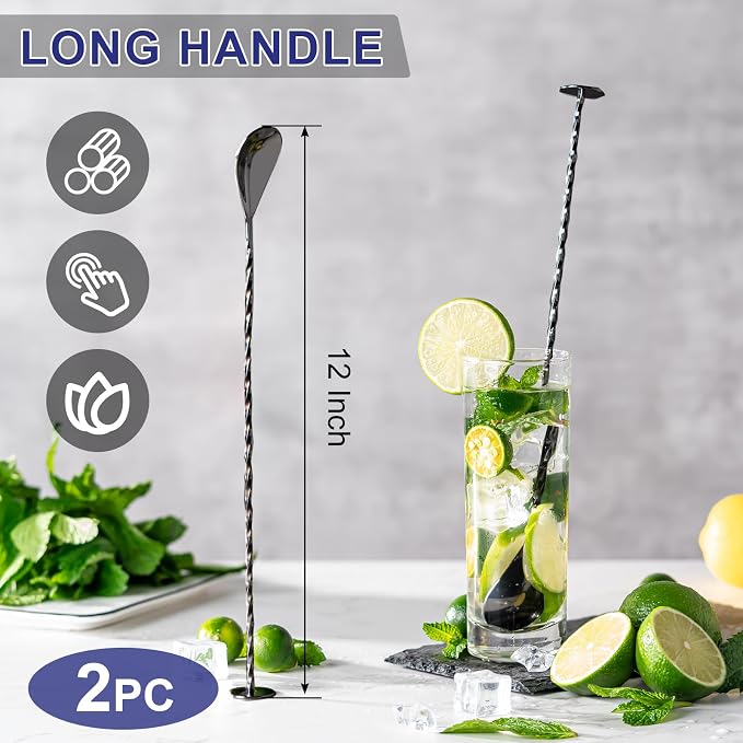 Bar Spoon Cocktail Mixing Stirrers, 2Pcs, 12” with Round Base, Black | 18/8 Stainless Steel, Long Handle, Flat Base for Tabletop Standing, Stirrer & Muddler for Coffee & Drinks