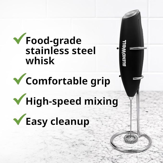 BlendWell Electric Milk Frother for Matcha and Coffee, Handheld Battery Operated Drink Mixer with Stand, Stainless Steel Whisk, Black