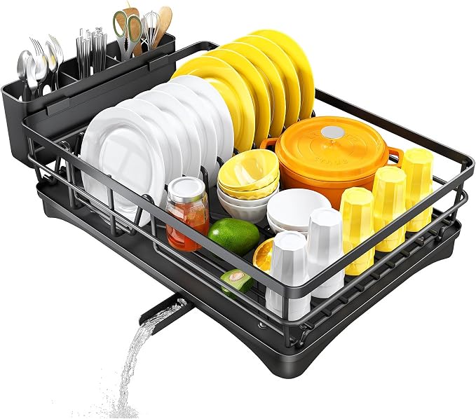 SNTD Dish Drying Rack for Kitchen Counter, 11.8" W x 16.7" L, Black | Rustproof Stainless Steel, Large Capacity, Self-Draining Drainboard, Rotating Spout, Removable Utensil Holder
