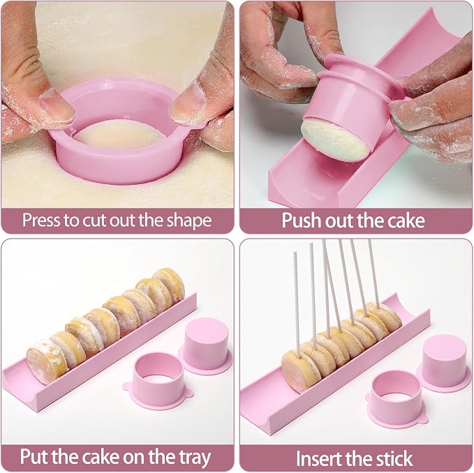 Round Cake Pop Mold Set with 9in Tray and Sticks- Pink | ABS Cake Pop Maker with Cutter and Pusher, perfect for making uniform cake pops for parties, weddings, and homemade desserts.