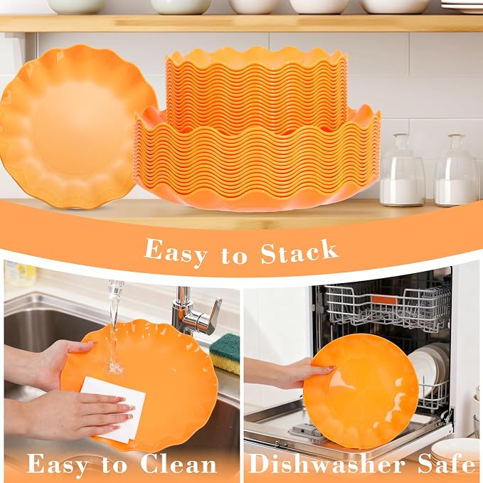 LIYH 50 Pcs Orange Scalloped Plastic Plates, Unbreakable Dishwasher Safe | BPA Free for Halloween Thanksgiving Day (25 Guests) - 10 Inch Dinner Plate and 7.5 Inch Dessert Plates
