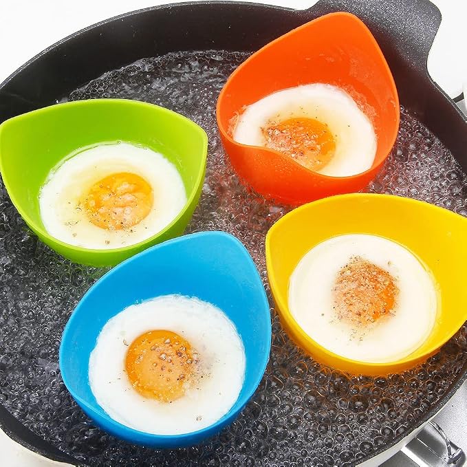 YomiFamily 4 Pack Silicone Egg Poacher Cups with Oil Brush, Gift Box | Nonstick Egg Poaching Cups, BPA Free, Ring Standers, Dishwasher Safe, for Stovetop, Microwave, Air Fryer, Baking oven