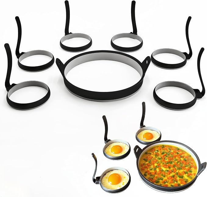 Nonstick Silicone Egg & Omelet Ring Kit,4" Egg Rings & 8" Omelet Ring, Egg Rings for Frying Eggs, Pancakes, Patties and English Muffins, 7 Piece Set (BLACK)