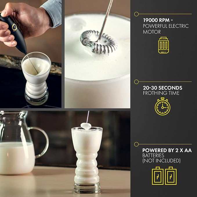 Milk Frother Handheld with Stand, Coffee Mixer, Matte Black Onyx | Battery 19000 RPM whisk, stainless steel stand & recipe book, lattes cappuccino matcha, foam maker, portable coffee accessory