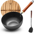 WANGYUANJI Carbon Steel Wok with Lid, 8.7" Small Mini Wok Pan, Thickened Heavy Duty Flat Bottom for Deep Frying, Camping & Solo Meals, Induction Ready, Seasoning Required