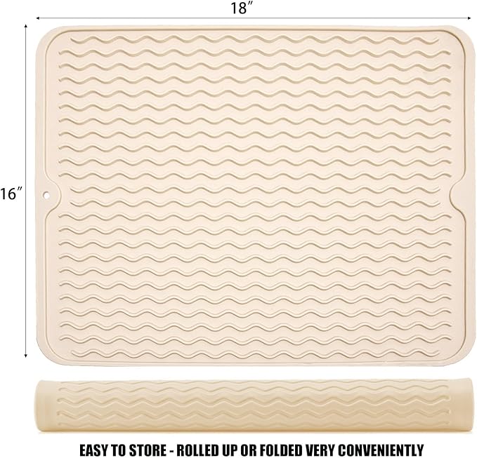 Silicone Dish Drying Mat, Non-Slip Easy Clean Sink Mat, Beige, 18" x 16" | Quick-Dry Ridges, Large Heat-resistant Dish Drainer Mat for Kitchen Counter, Hangable & Roll-Up for Storage, Dishwasher Safe