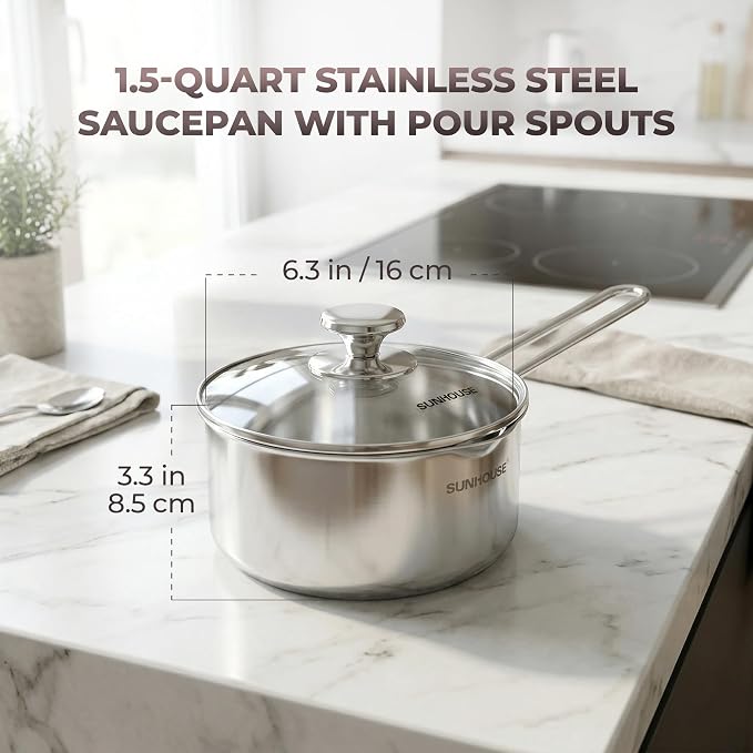 SUNHOUSE 1.5 QT Sauce Pan with Lid & Pour Spouts, Tri-Ply Base | Small 18/10 Stainless Steel Pot & Milk Pan with Cover - Induction Compatible - PFOA Free, Dishwasher Safe